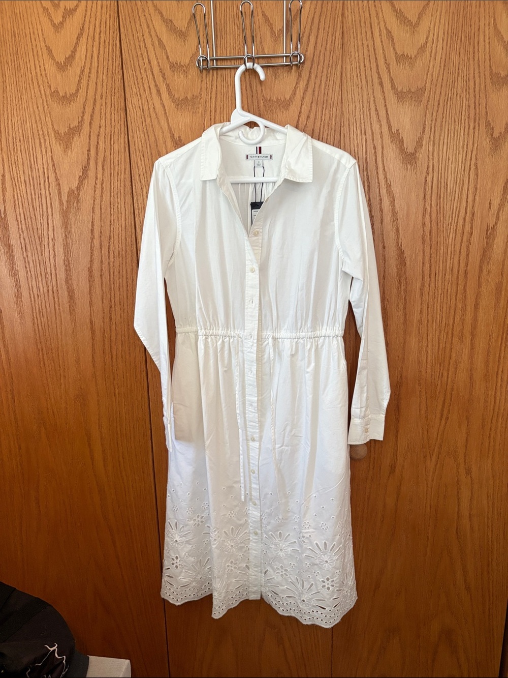 Tommy Hilfiger White Long-Sleeve Eyelet Midi Shirt Dress